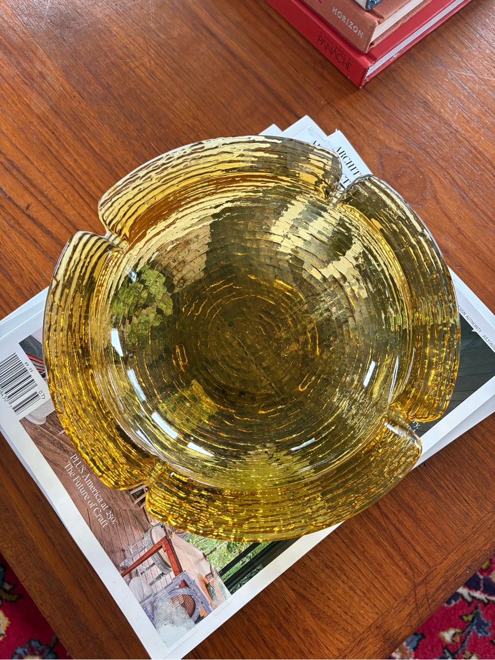 MCM Vintage Anchor Hocking Mid Century Soreno Amber Gold Glass Ashtray + Holder